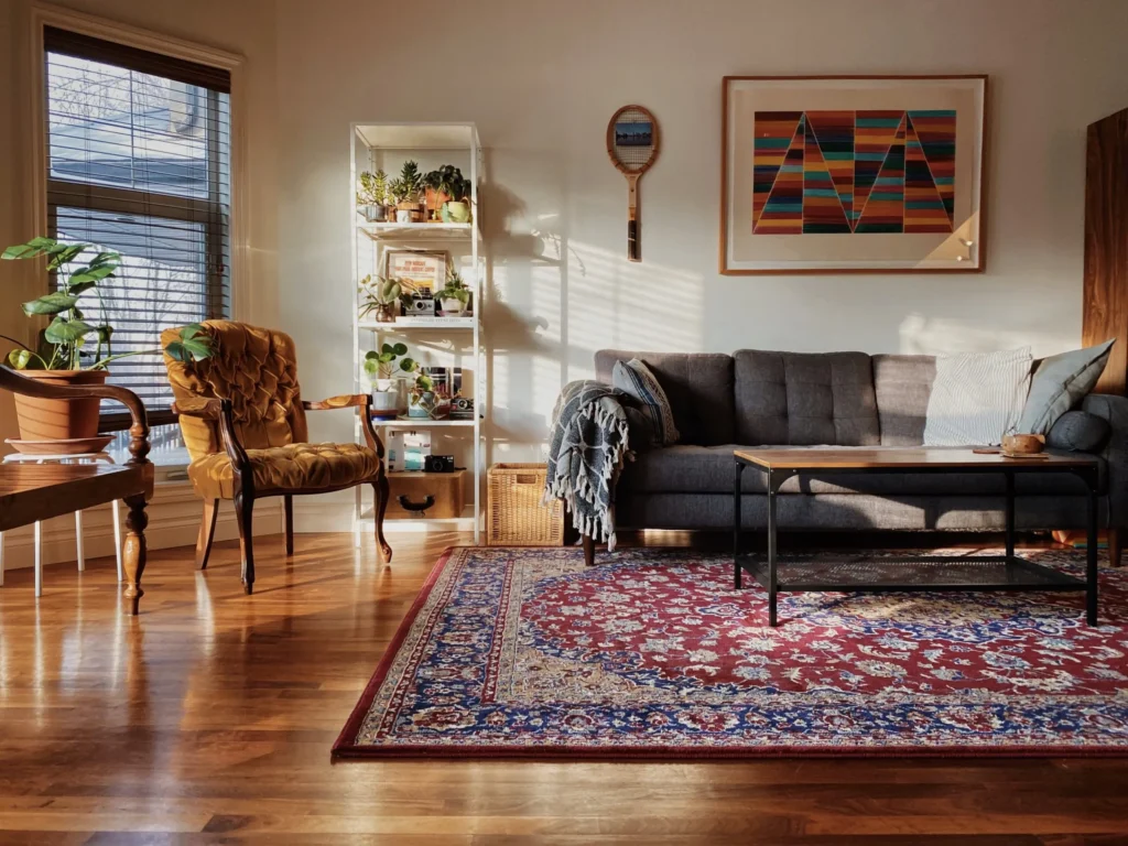 Freshly cleaned area rug in a living room after professional area rug cleaning in San Diego