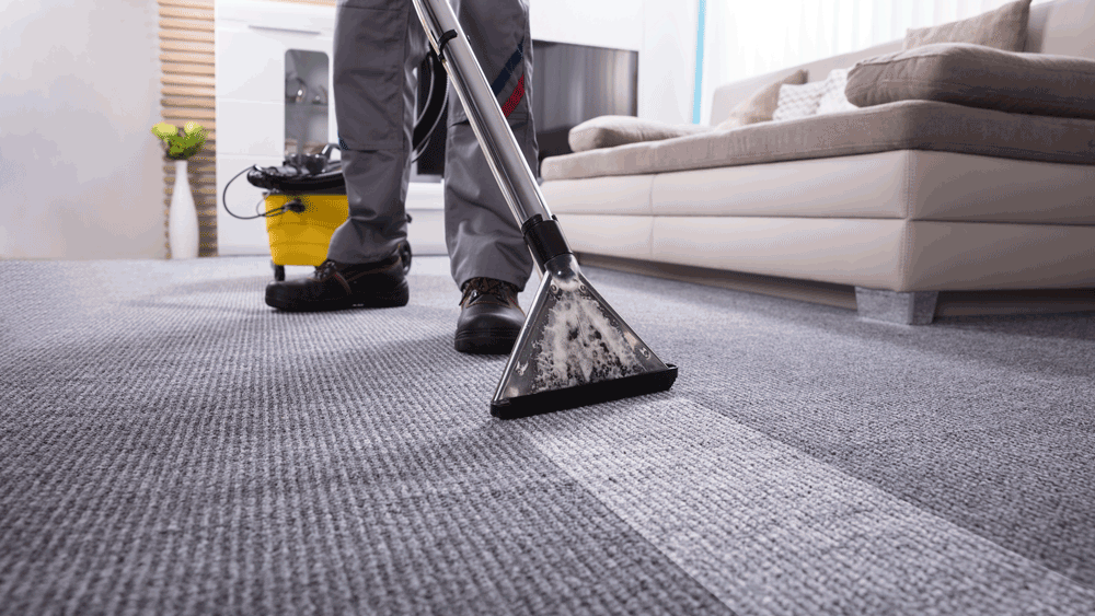 Professional carpet cleaning technician using commercial equipment in San Diego