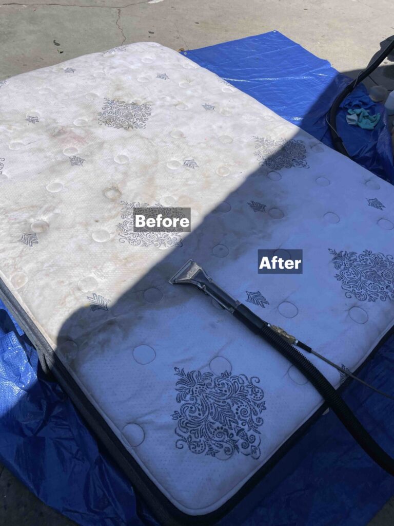 Before and after mattress cleaning showing a clear contrast between a professionally cleaned, refreshed mattress surface and an untreated, heavily soiled area