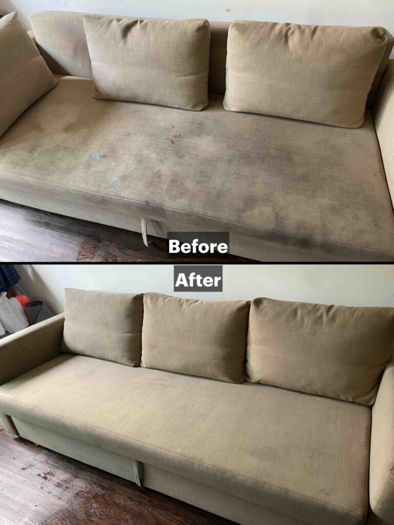 Before and after upholstery cleaning showing a very dirty couch with heavy stains professionally deep cleaned and restored to a fresh, clean appearance