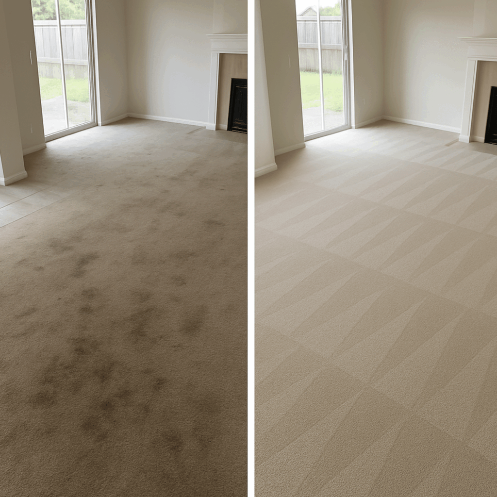 Before and after deep carpet cleaning showing a dirty, stained living room carpet fully cleaned and refreshed by professional service