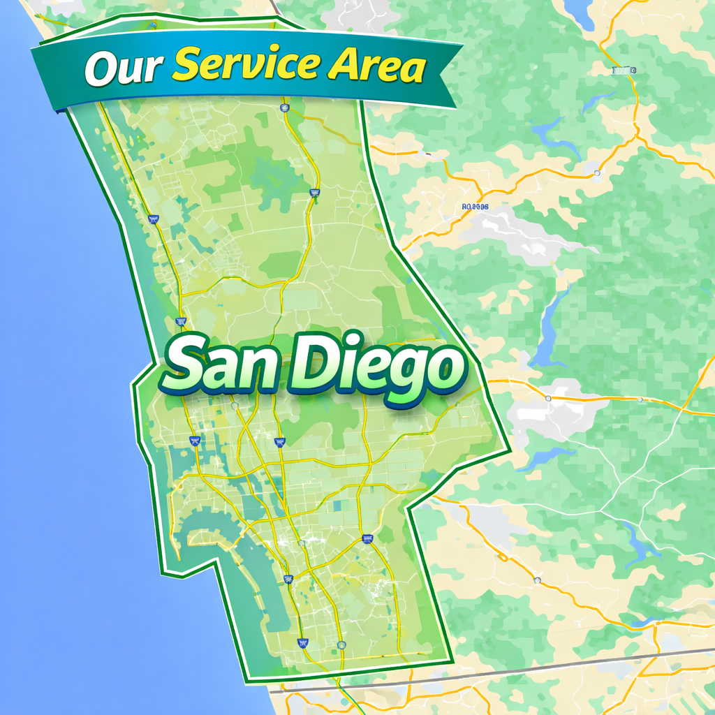 Eco-Coast Carpet & Upholstery Cleaning service area map highlighting the Greater San Diego area in California.